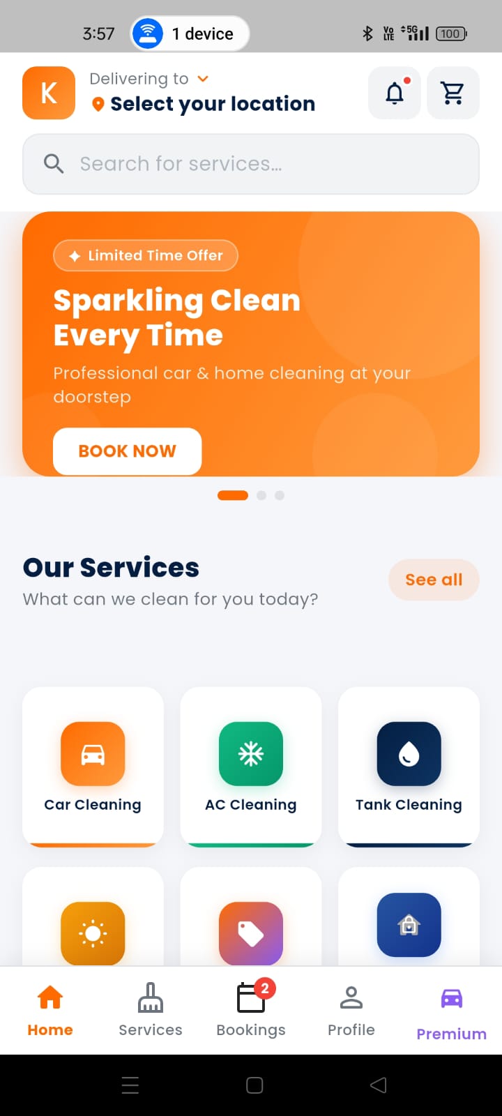 Kleen App Home Screen