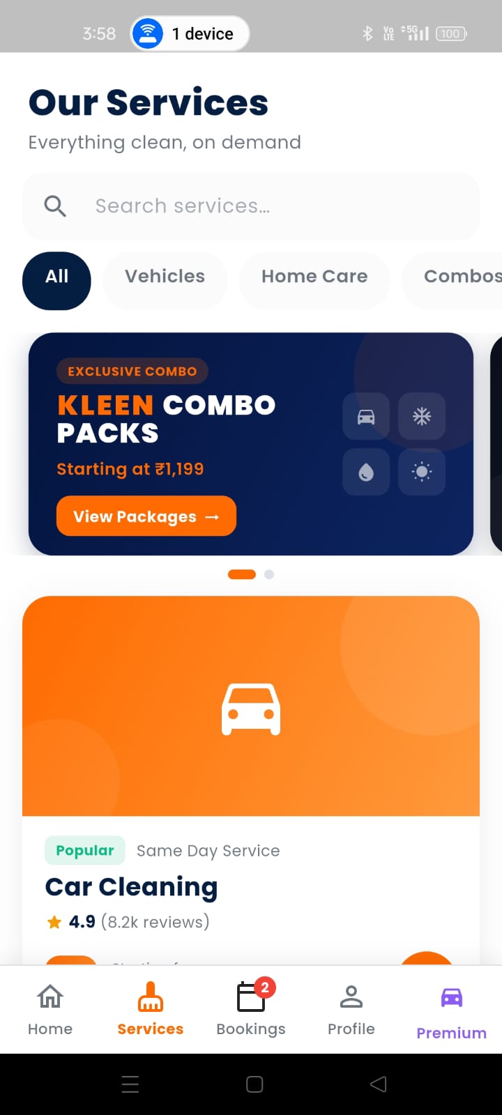Kleen App Booking Screen